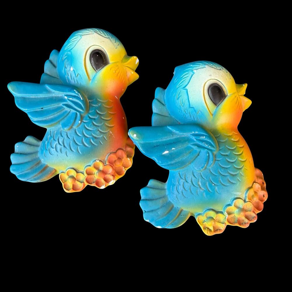 Vintage Chalkware Blue Birds Wall Plaque 1970 Miller Studios Set of 2 CHIPPED